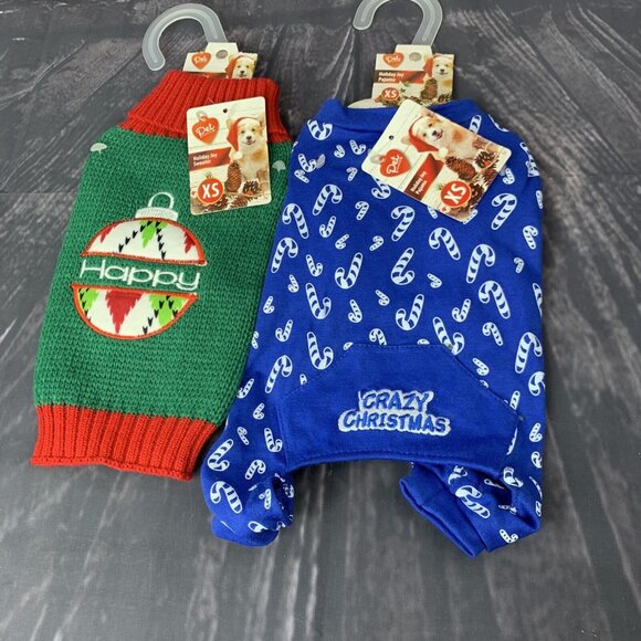 Pet Central XS  x-small Winter Dog Ornament Sweater & Holiday Candy Cane Pjs - Picture 1 of 3